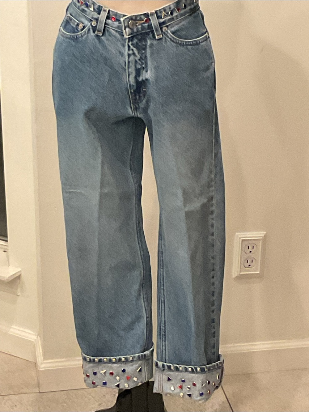 Vintage 1999 Tommy Hilfiger Cotton Light Blue Studded Wide-Leg Jeans
